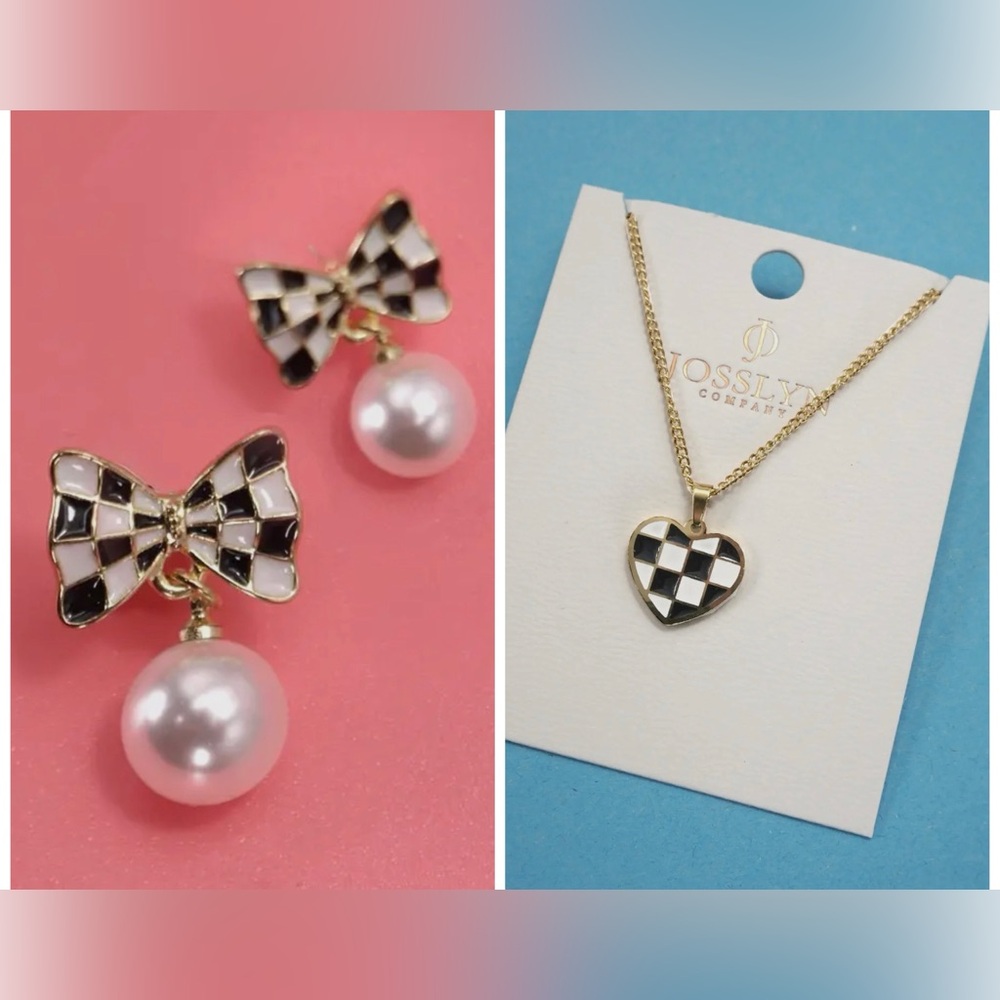 Checker Heart Necklace & Checker Bow Pearl Drop Earring Set